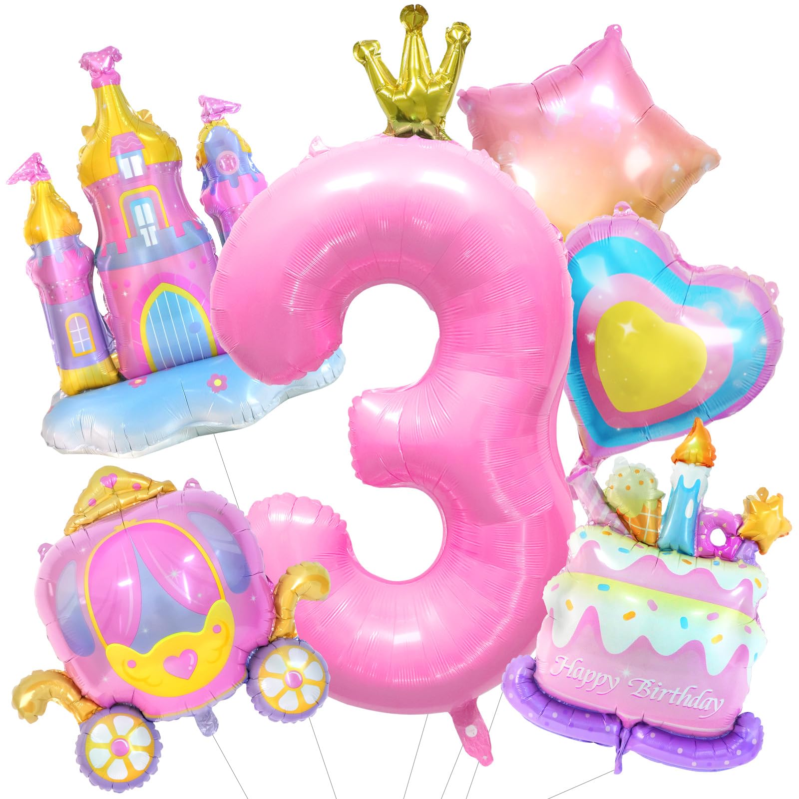 6PCS Princess Birthday Balloons Large Pink Castle Balloon Carriage Balloon Crown Heart Star Cake Foil Balloons for 3rd Princess Birthday Girl Party