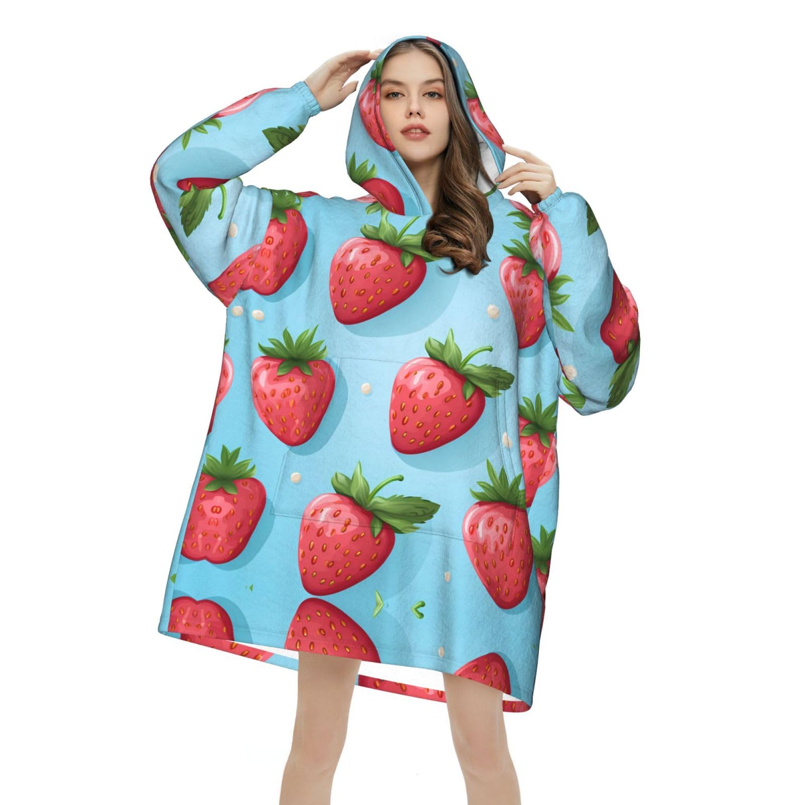 Bedbliss Strawberry Prints Wearable Blanket Hoodie, Cozy Oversized Flannel Sweatshirt For Adults, Men, Women, Warm And Fuzzy Hooded Blanket