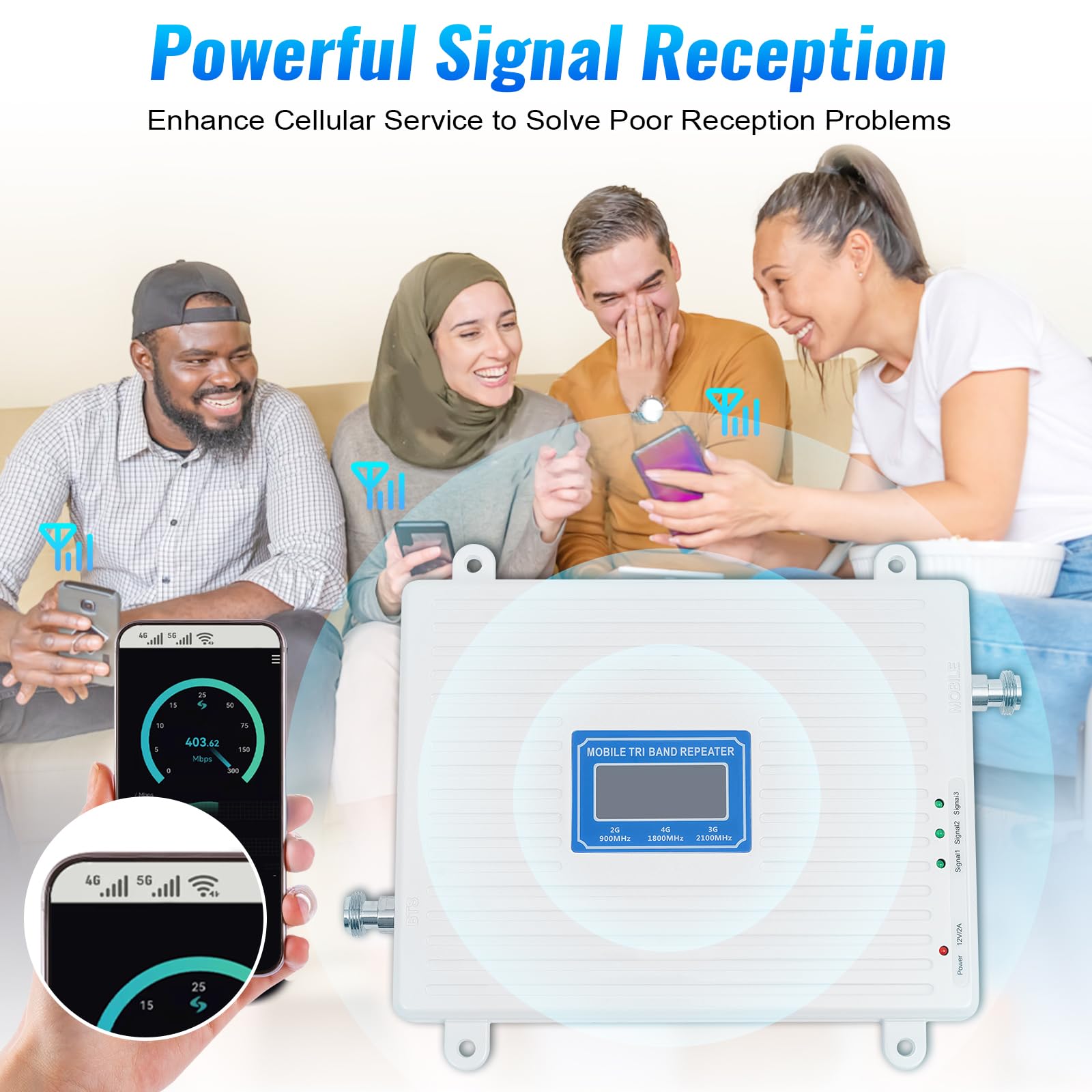 Cell Phone Signal Booster, Boost 900/1800/2100 MHz GSM DCS 2G/3G/4G Tri-Band GSM DCS Mobile Signal Amplifier Repeater LTE Signal Booster with Antenna, Coverage up to 150 m²