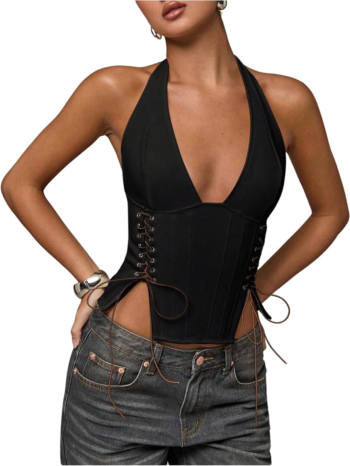 MakeMeChic Women's Corset Halter Tops Y2K Going Out Lace Up Tops Gothic Cowgirl Crop Tops