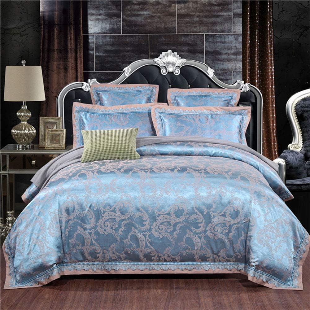 Luxury Satin Jacquard Embroidered Bedding Sets Include 1 Duvet Cover 1 Flat Sheet 2 Pillowcases 2 Throw Pillow Covers KL-LD2 (6pcs King Size)