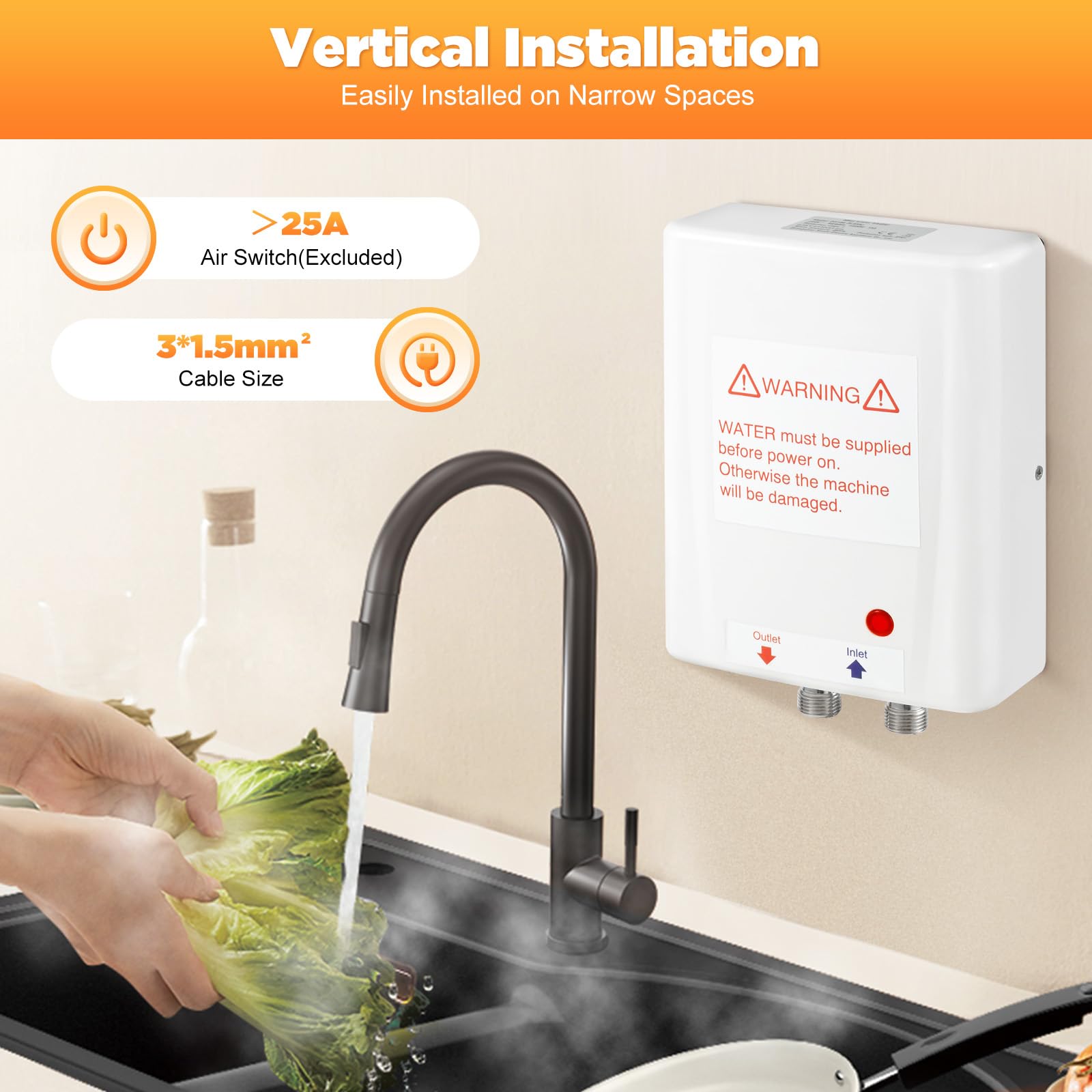 Scaldacqua istantaneo 230 V cucina, scaldabagno elettrico istantaneo, mini scaldabagno per lavello da cucina, lavabo da 3,5 kW, con spina