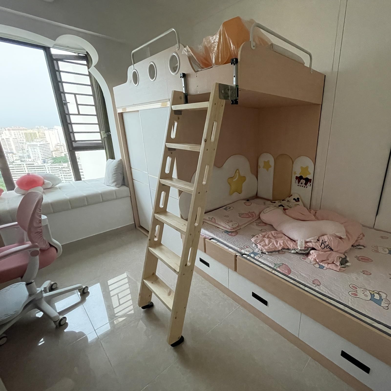Escaleras para Áticos Escalera Telescópica de Escape para Áticos Montada en La Pared, Escalera Recta de Madera Maciza para Áticos con Toboganes de Metal, Escalera Retráctil para Literas, Sótanos, Tech