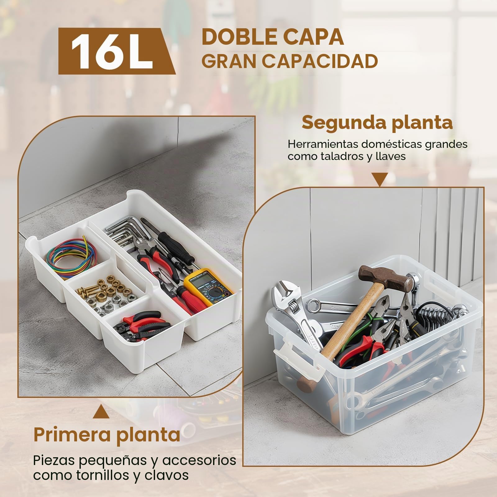 16L Estuche Plastico, Caja Medicamentos Organizador, Caja de Almacenamiento Multiusos, Portátil 2 Capas con Compartimento Extraíble, Organizador Gran Capacidad para Herramientas
