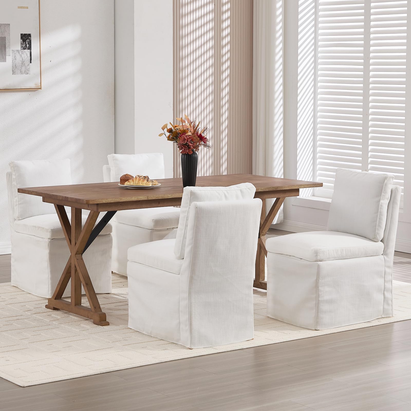 DM Furniture Slipcovered Dining Chair Set of 4, Upholstered Armless Dining Chair with Skirted Base, Linen Fabric Single Sofa Chair for Dining/Living