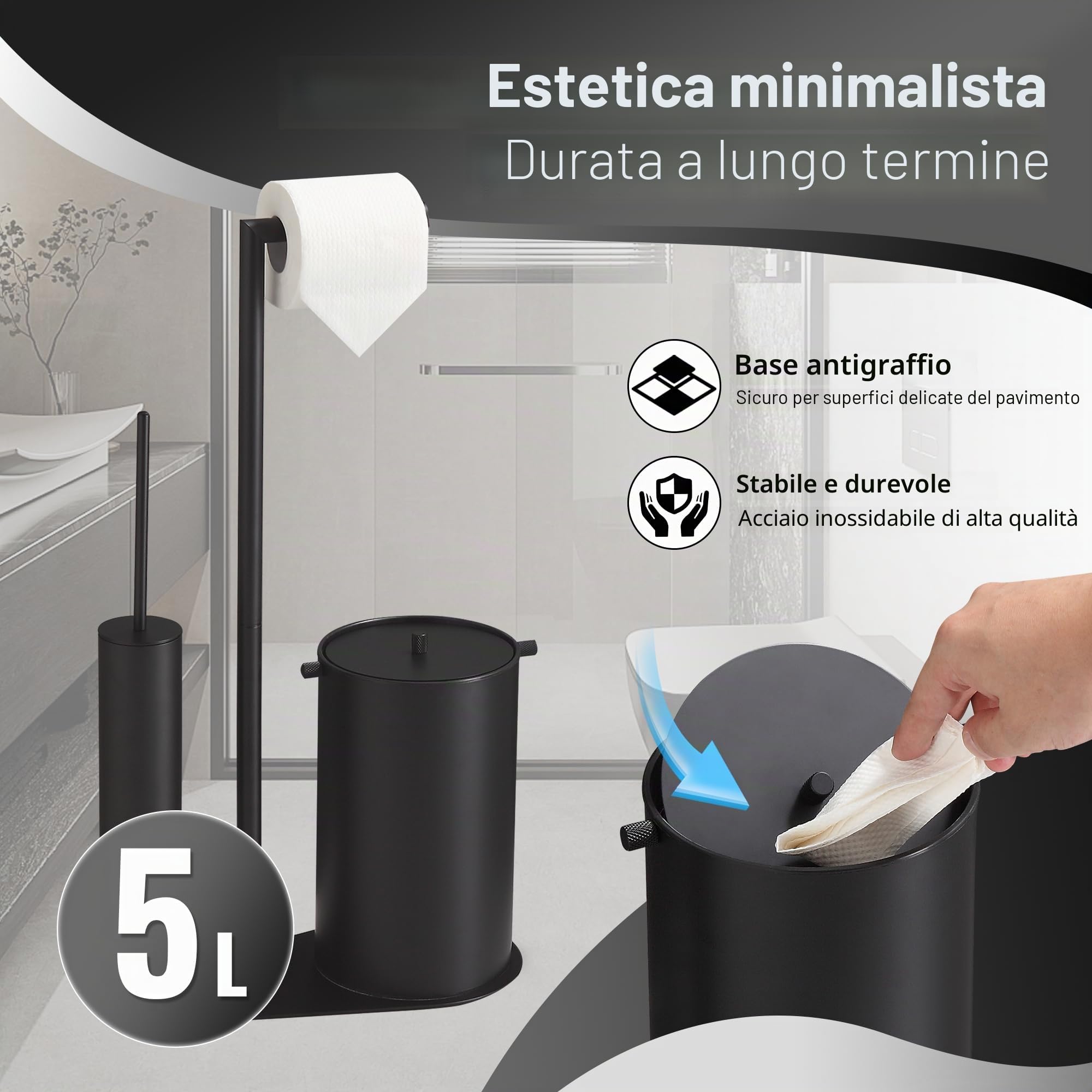 DAZI Portar carta igienica con scopino WC e pattumiera, Set 3-in-1 in acciaio inox, 2 testine di ricambio Silicone e PP, portarotolo e scopino ideale per Casa e WC degli Ospiti. (Nero opaco)