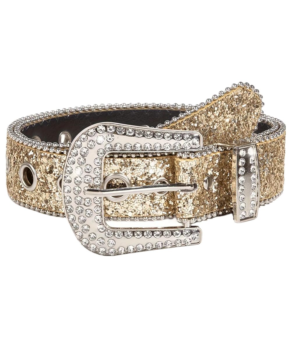 JFYSJH Women Men Rhinestone Belts BB Belt Bling Western Cowgirl Cowboy Belt Sparkly Studded Glitter Belt for Jeans Plus Size, Sz002-gold, Fit Waist 32-37 inch