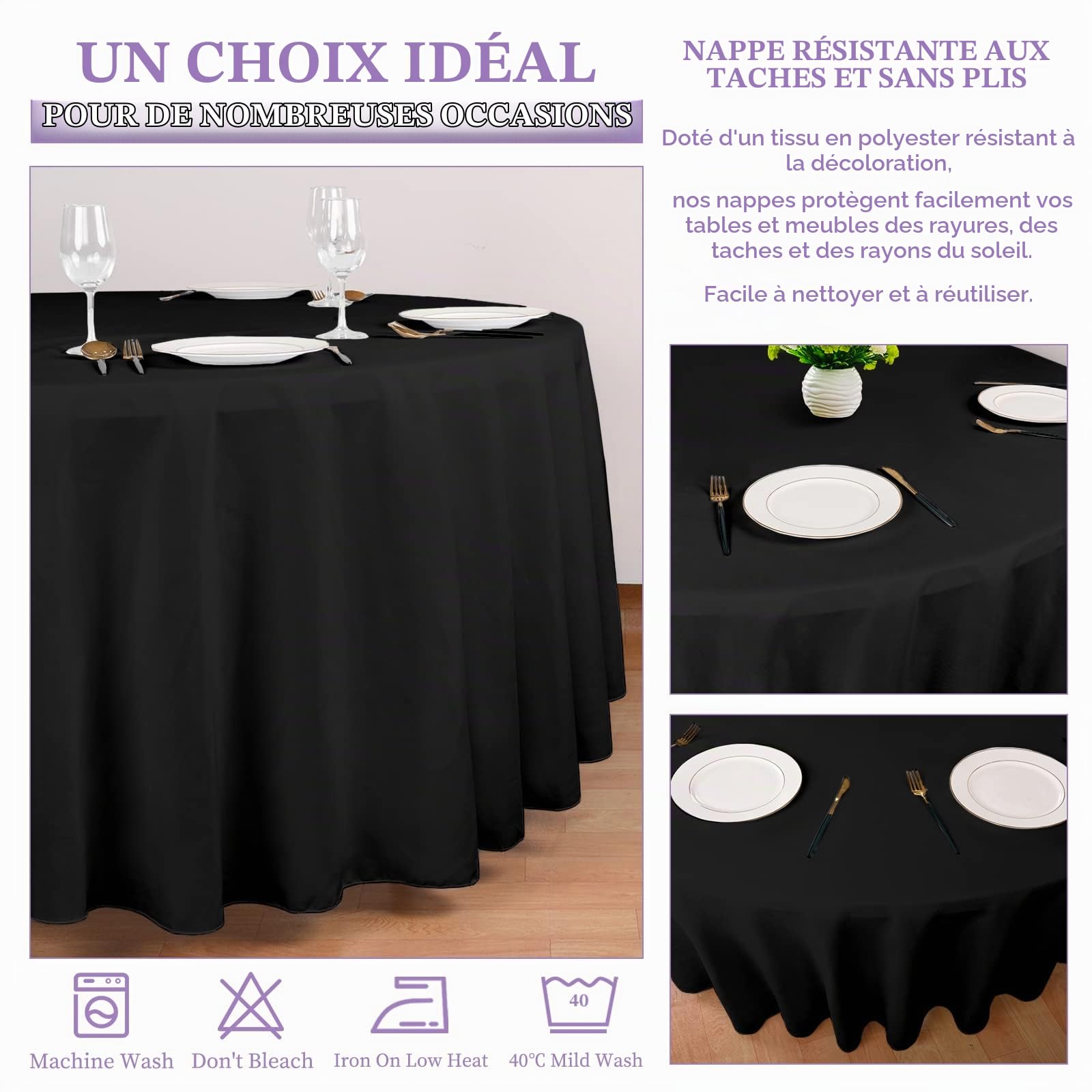 Showgeous Lot de 4 Nappes Rondes Noires 305cm en Tissu Polyester Lavable pour Mariage, Banquet, Buffet, Restaurant