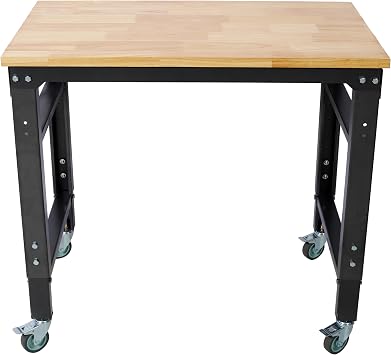35" Adjustable Work Bench, Heavy Duty Wooden Workbench for Garage, Portable Rubberwood Rolling Tool Bench with Wheels for Woodworking, Office, Workshop