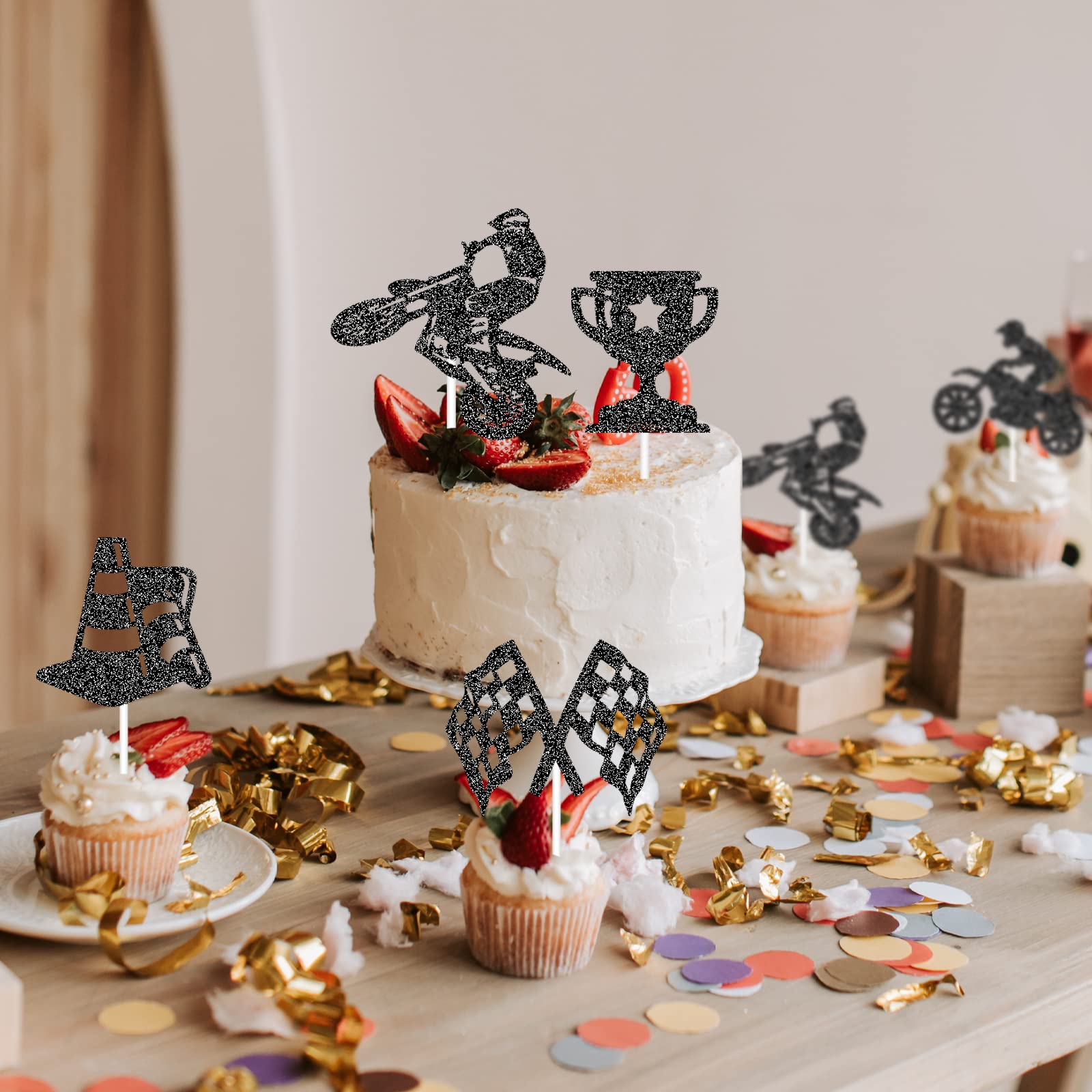 Arthsdite Lot De 24 Décorations De Cupcakes En Forme De Moto - Thème Sport - Fournitures De Décoration Pour Garçon Et Homme - Joyeux Anniversaire