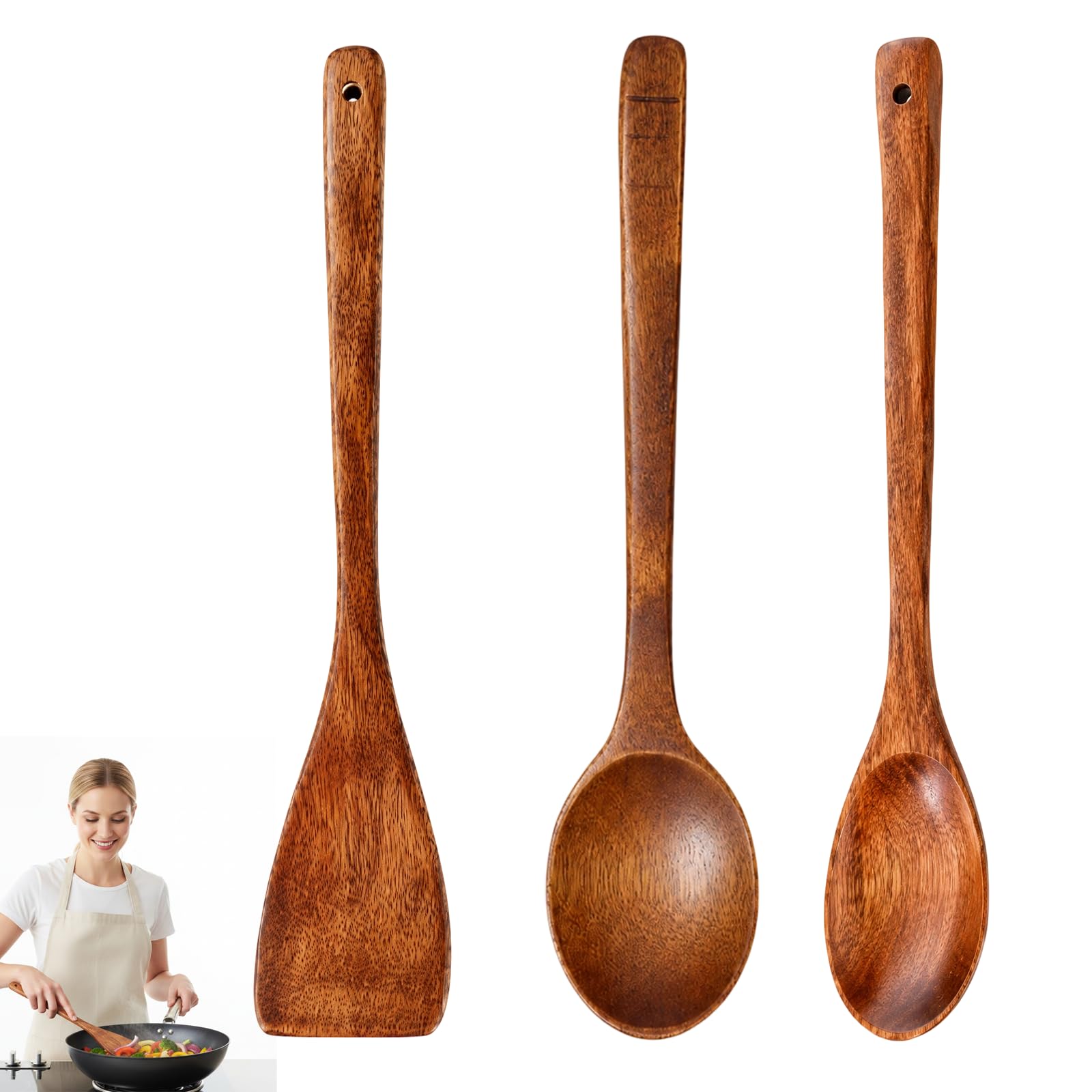 Wooden Spoons for Cooking, Kitchen Utensils Set, 3-Piece Wooden Utensil Set