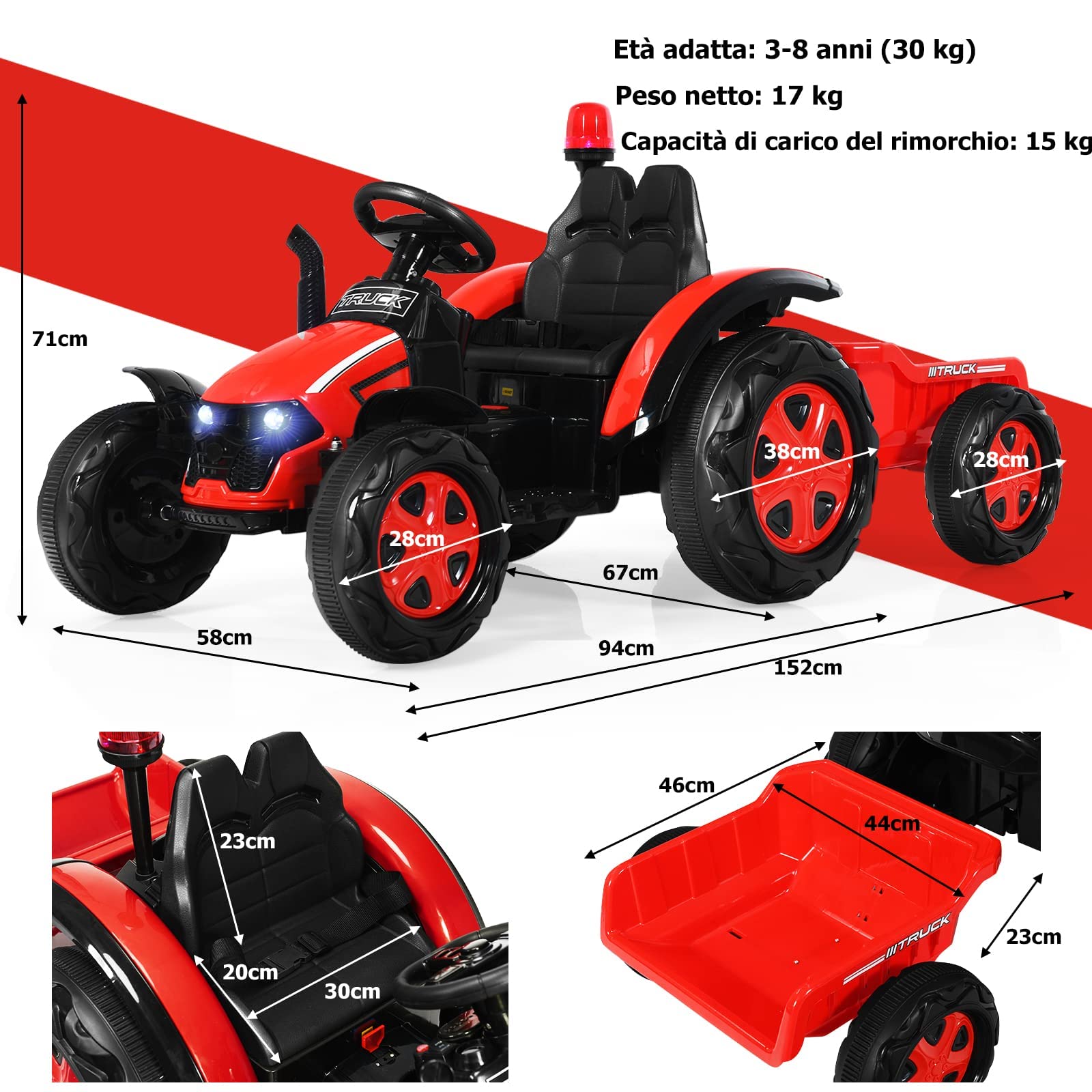 GYMAX Trattore per Bambini 3-8 Anni, Giocattolo cavalcabile Portata 30 kg, con 6 Ruote e Telecomando, Trattore Elettrico con Cintura di Sicurezza, 152x67x71 cm (Rosso)