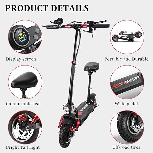 Miniatura 5 de Patinete eléctrico con asiento, scooter eléctrico para adultos, velocidad del motor de 800 W, 25 MPH y rango de 18 millas E-Scooter, neumáticos