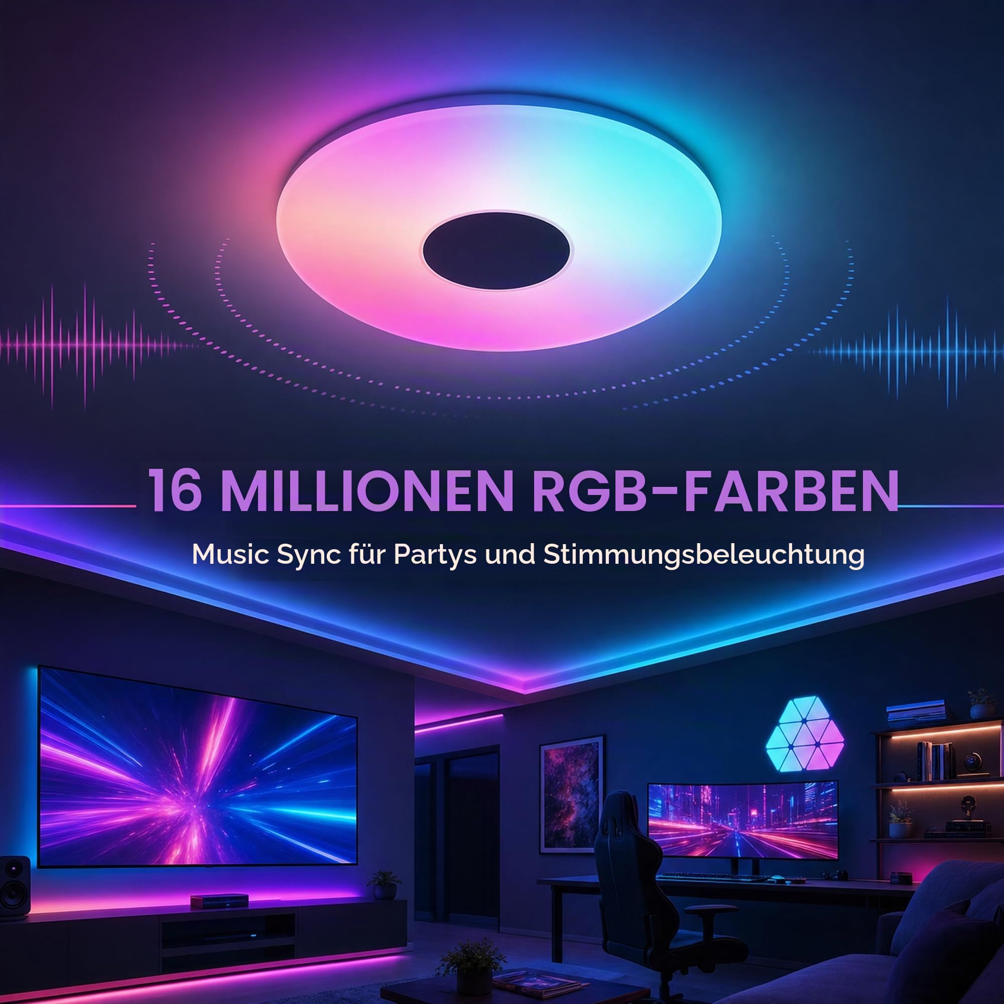 24W Ø40cm LED Deckenlampen mit Bluetooth Lautsprecher | Fernbedienung, RGB, Farbwechsel, Dimmbar, Warmweiss Kaltweiss, Musik Lampe für Wohnzimmer Schlafzimmer