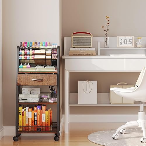 Miniatura 4 de Carrito con ruedas de 3 niveles, carrito utilitario de metal con cajón de almacenamiento y ruedas, versátil organizador de arte y manualidades para