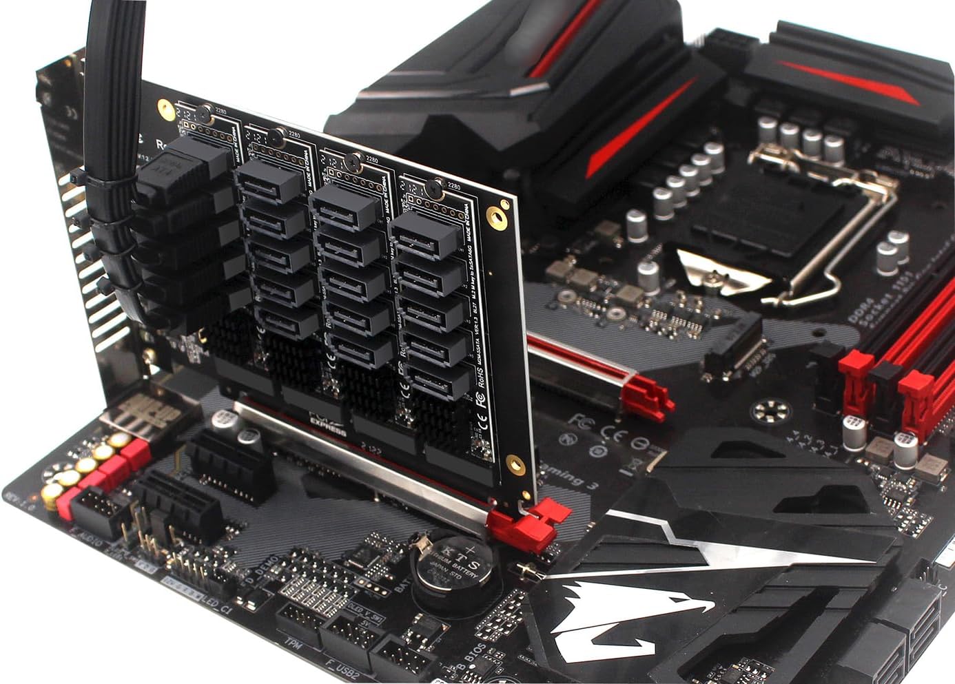 PH44+PH56 PCIE4.0 X16 to 20-Port SATA Adapter NVME M.2 RAID Array Expansion with JMB585 Chip