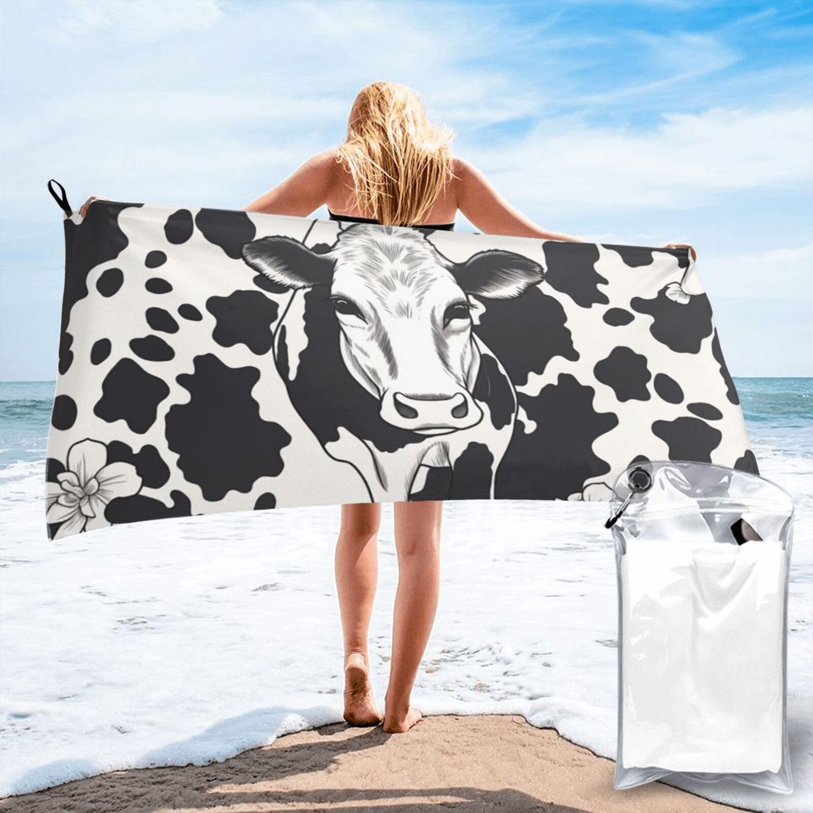 DWVTSLH Microfiber Sand Free Beach Towel 27.5"x55", Quick Dry Absorbent Travel Towel Large Camping Blanket, Black and White Cow Bath Towels Lightweight Pool Swim Towels for Vacation Essentials