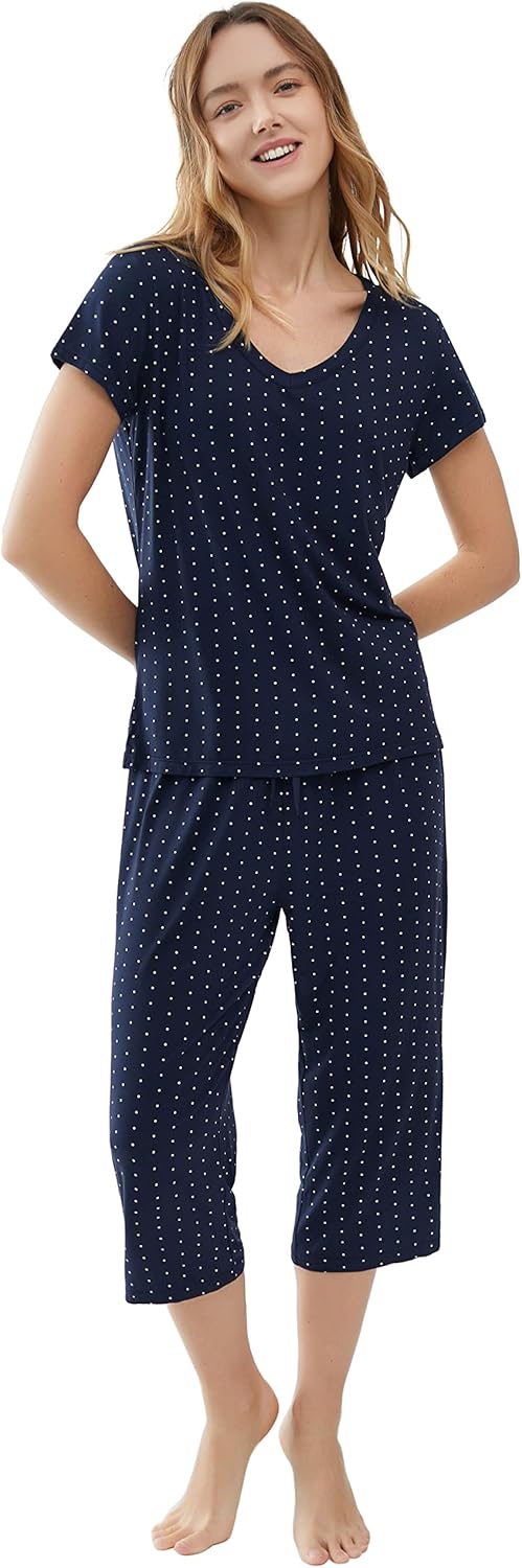 Joyaria Womens Pajama Sets Short Sleeve and Capri Pants Soft Bamboo Viscose 2 Pieces Sleepwear Lounge Set - Image 5