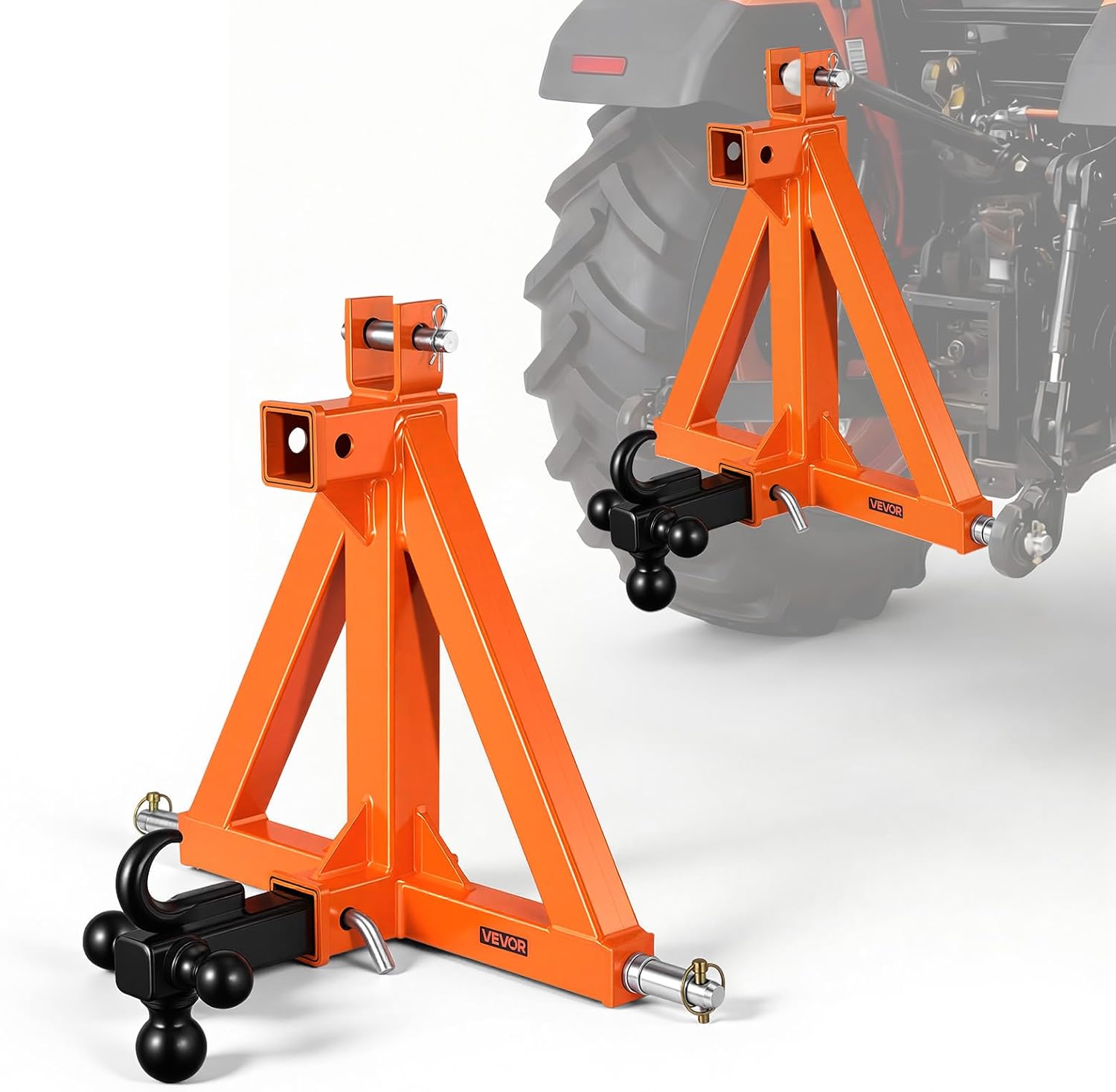 VEVOR 3 Point Trailer Hitch with 2" Receiver, 3 Pt Quick Hitch with 3 Trailer Balls, Tractor Tow Drawbar Adapter for Category 1, Kubota, Mahindra, Ford, Yanmar, John Deere, Massey Ferguson, Orange