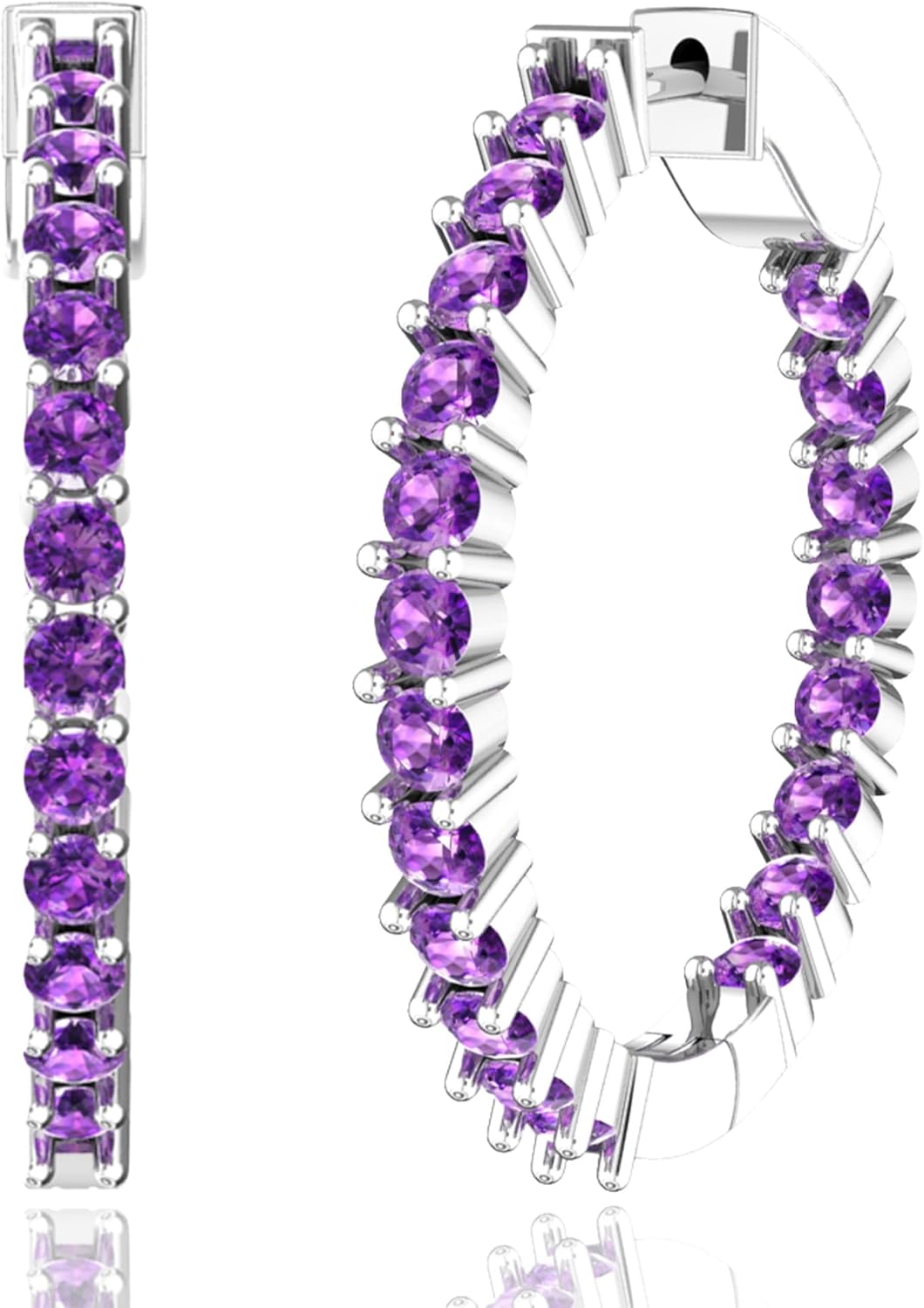 Hoop Earrings with 40 Colored Gemstones, Birthstone Earrings, 925 Sterling Silver Rhodium Plated, Push Back Closure, 1.18'