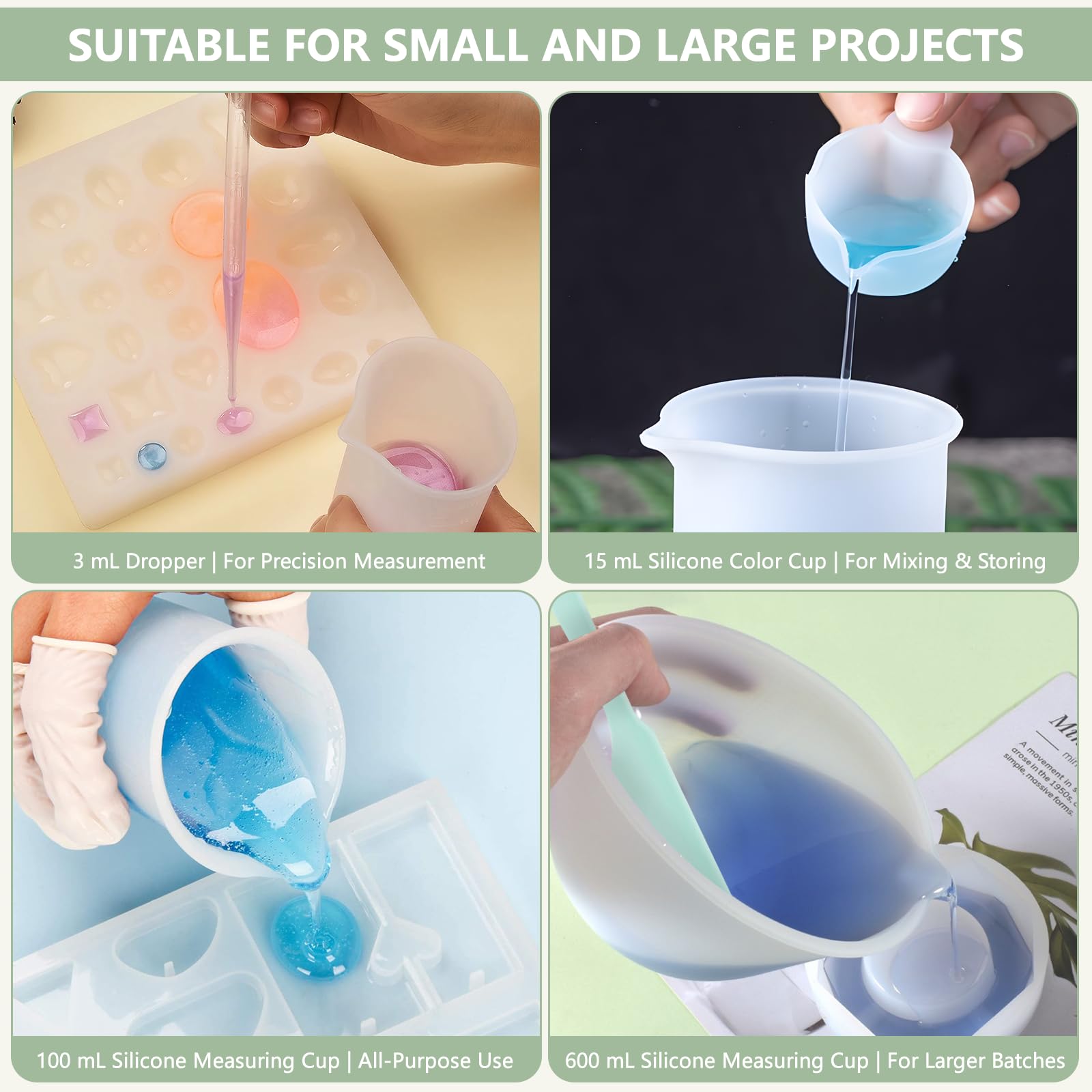 5 silikonowych kubków z miarką, nieprzywierające, 600 ml, 250 ml, 100 ml, z 3 patyczkami do mieszania, 2 szt. kubków dozujących, 5 szt., 3 ml, do mieszania żywicy epoksydowej, form, tworzenia