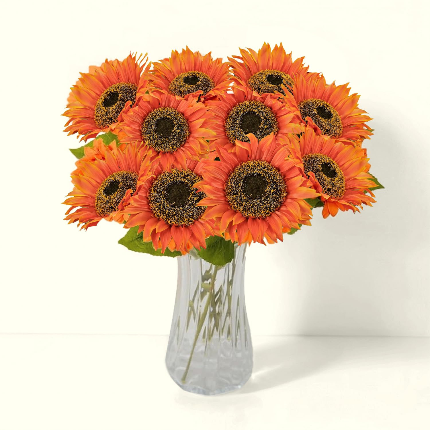 Rhqfdm Orange 8 Pcs Artificial Premium Sunflowers,Realistic Single-Stem Fake Sunflower,Artificial Silk Sunflowers With 17-Inch Stems,Long-Stem Faux Flowers,For Vases,Bridal Bouquets,Home Décor