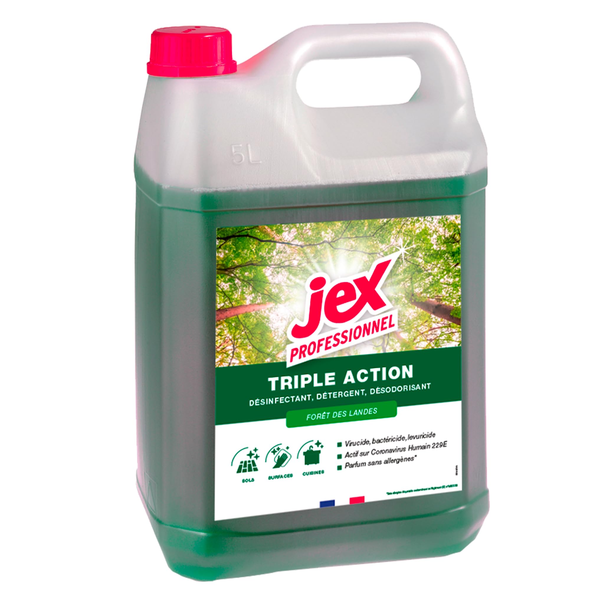 JEX Professionnel - Triple Action - Nettoie, parfume et désinfecte - Multi usages - Contact alimentaire - Sans allergènes - Parfum Foret des Landes - 5L - Fabrication française