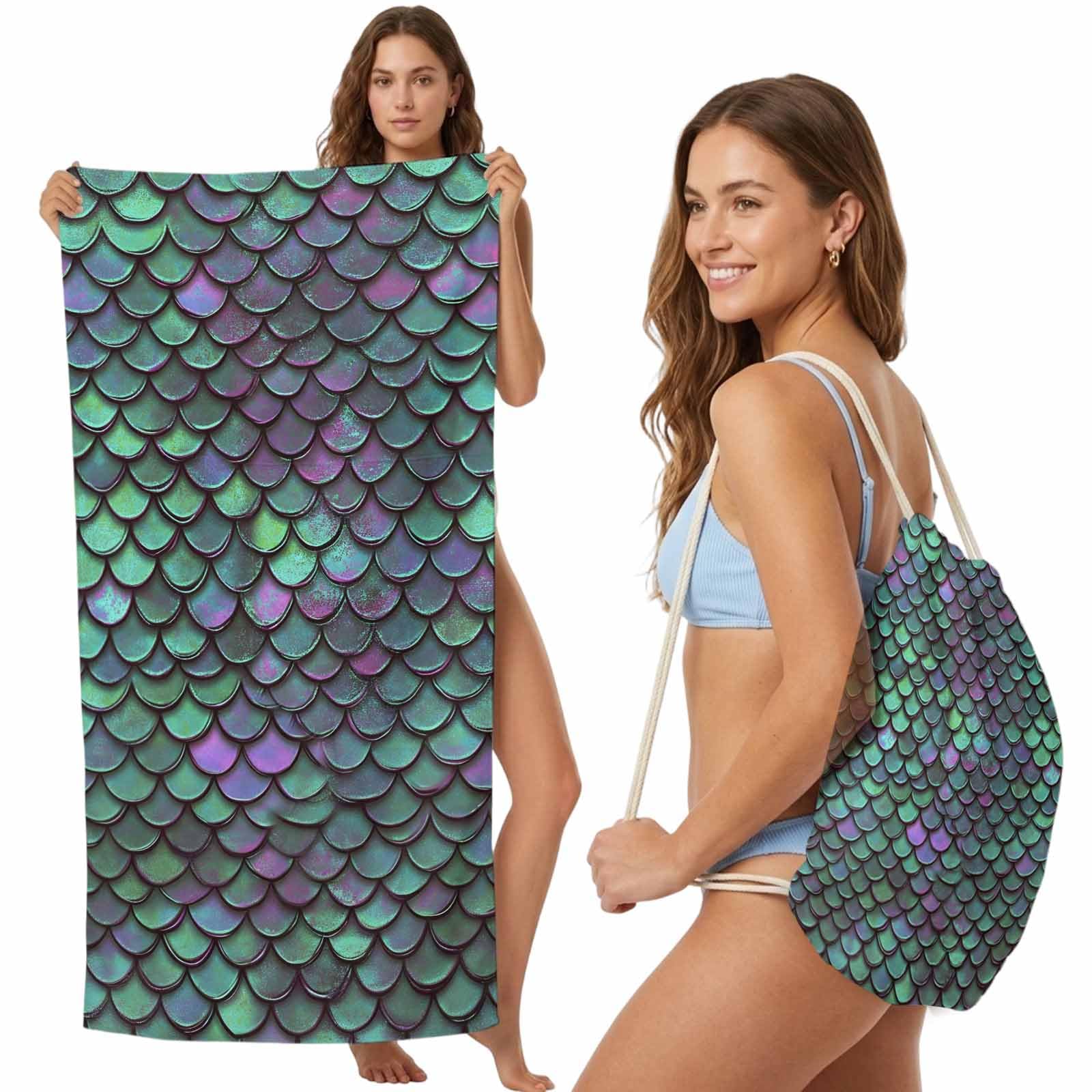 FWJZDSP Beach Towel Backpack, Mermaid Scales Green Gradient 2-in-1 Foldable Soft Microfiber Quick Dry Beach Towel 31.5x63in Watercolor Lightweight Pool Towels Bag for Travel, Yoga, Gym