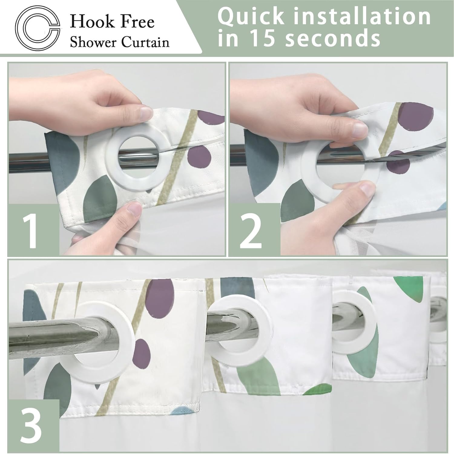 No Hook Shower Curtain with Snap in Liner Set, Boho Colorful Leaves Design, Waterproof Washable Fabric Floral Shower Curtains for Bathroom Decor with See Through Mesh Top Window 71x74 Inch