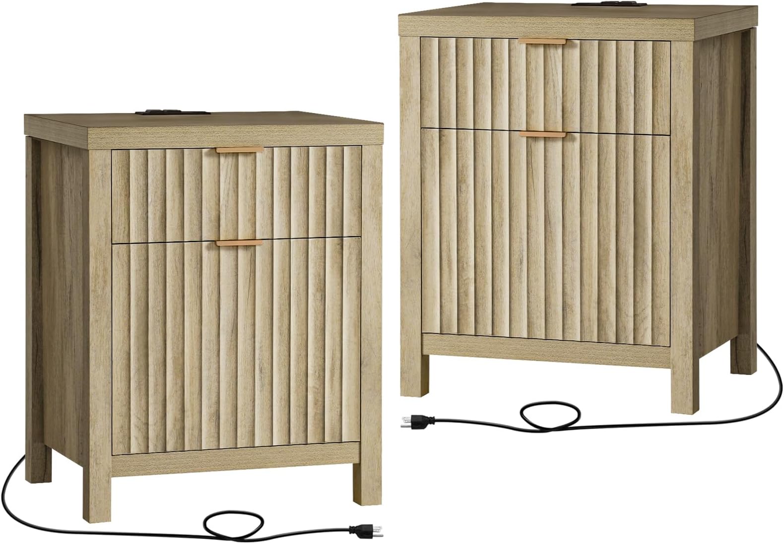 Oxford 2 Drawer Nightstand, End Table with Charging Station, Night Stand with Fluted Panel, Farmhouse Sofa/Bed Side Table Set of 2 (Sunwashed Ash Oak)