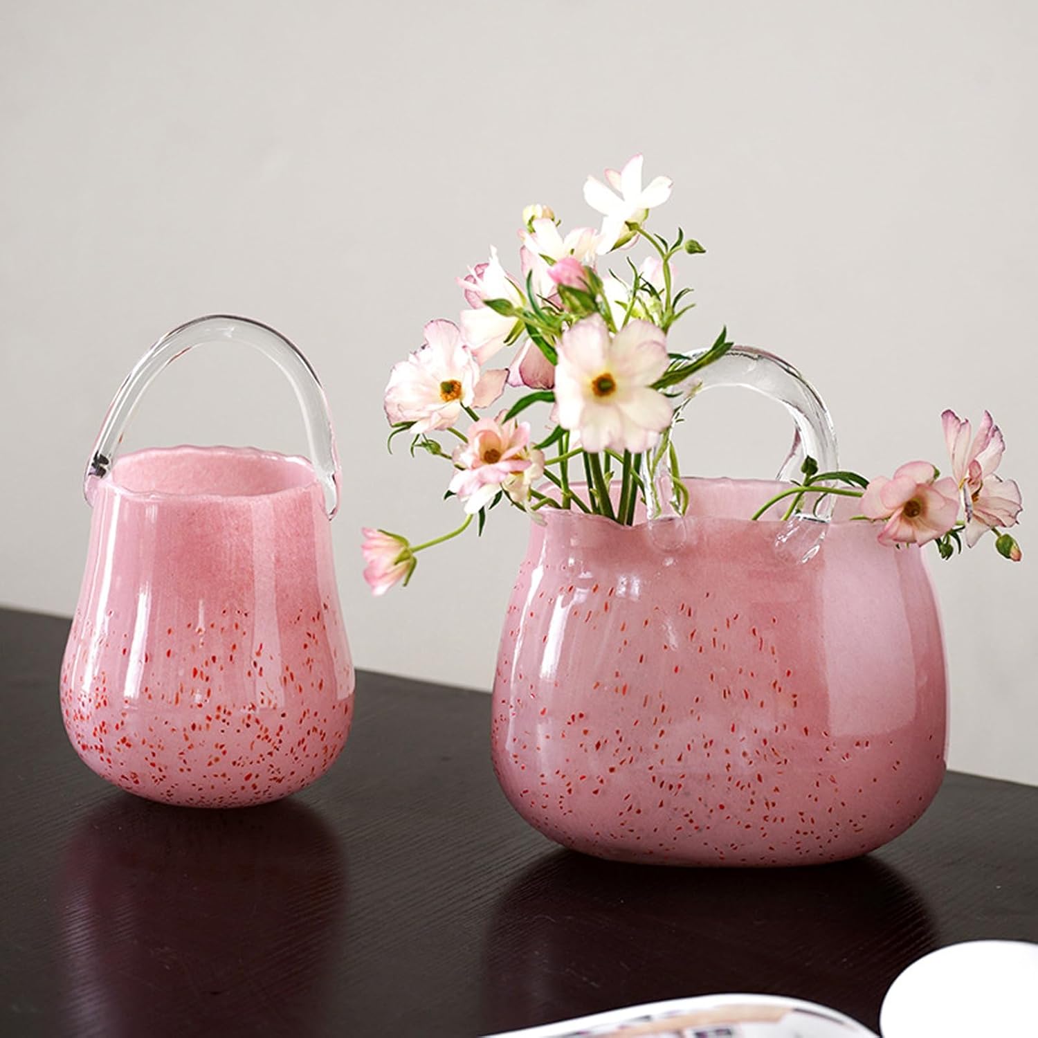 Creative Tote Bag Glass Vases for Flowers, Pink Handbag Shape Glass Flower Vase with Handle, Unique Purse Vase for Centerpieces, Fish Bowl, Home Décor, Living Room, Wedding Gift,Pink b