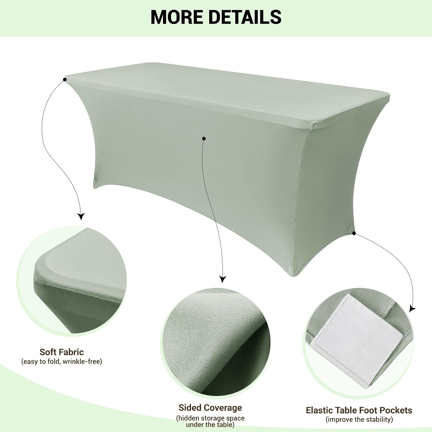 Obstal 6ft Spandex Table Cover for Folding Tables, 2 Pack, Sage Green image 3