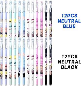 Pen, 24 Pcs Black/Blue 0.5mm Roller Ball Cute Gel Ink Pens