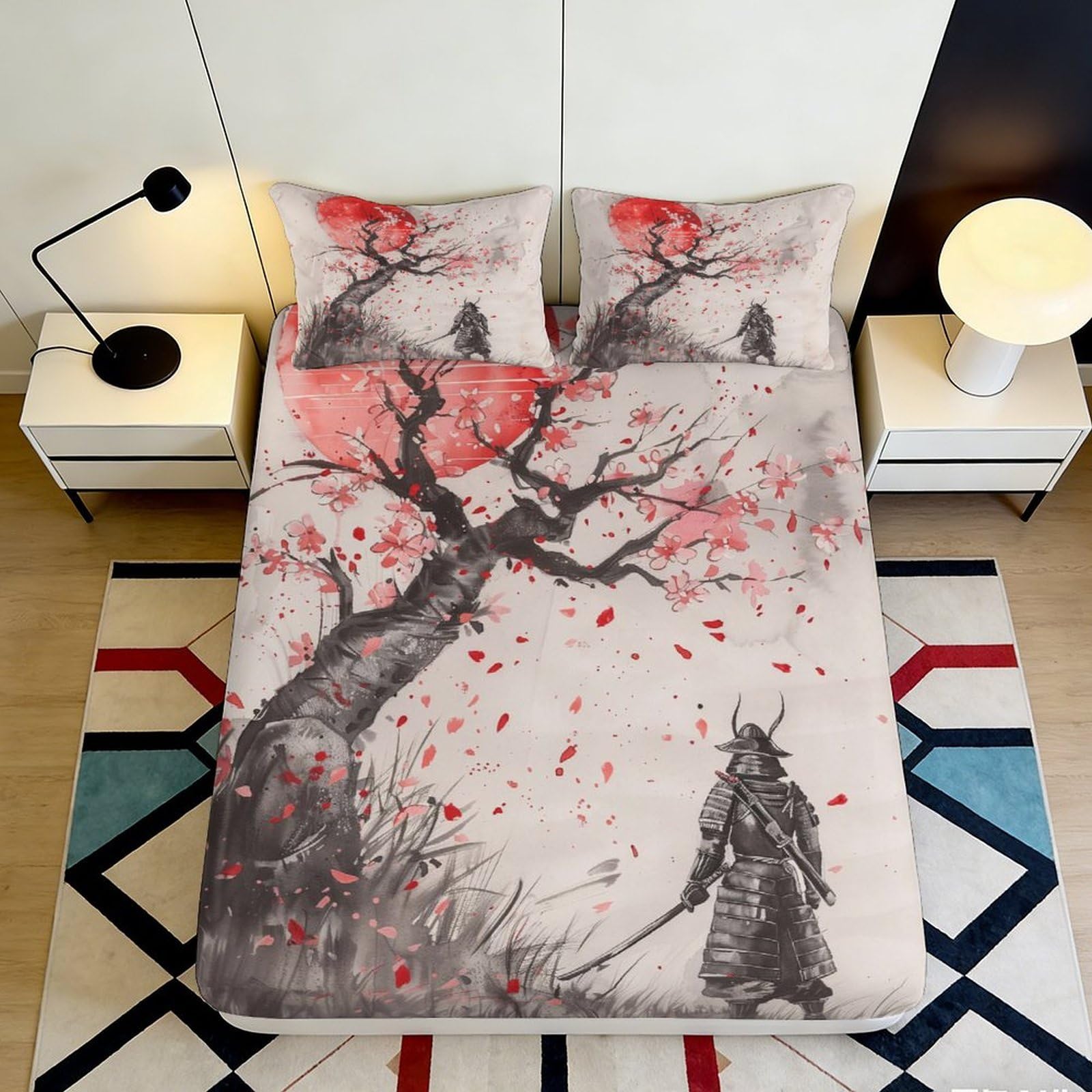 3D Printed Samurai Cherry Blossom Fitted Sheet Microfiber Bedroom Decor Tree Art Mattress Cover for Home Dorm 90x200x25cm
