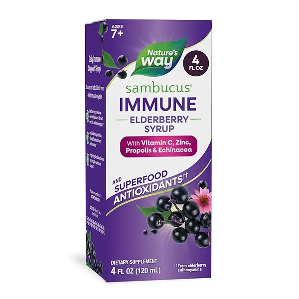 Nature's Way Sambucus Immune Elderberry Syrup, Elderberry Extract, Vitamin C, Zinc, Echinacea, Propolis, Daily Immune Support*, Superfood Antioxidants(1), Gluten Free, 8 Fl Oz (Packaging May Vary) 1