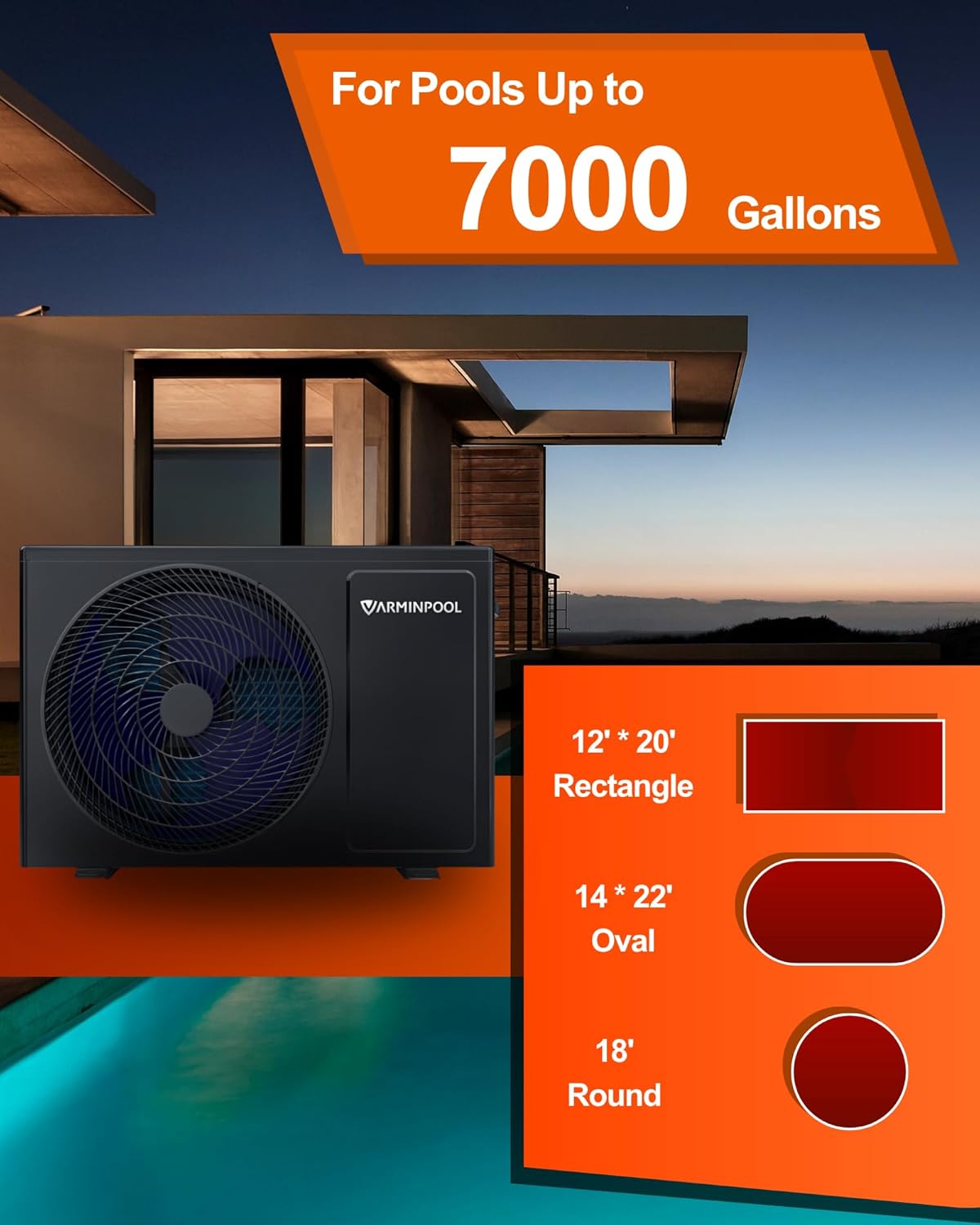 Diagram showing pool sizes up to 7000 gallons for the heat pump, with examples for rectangle, oval, and round pools.