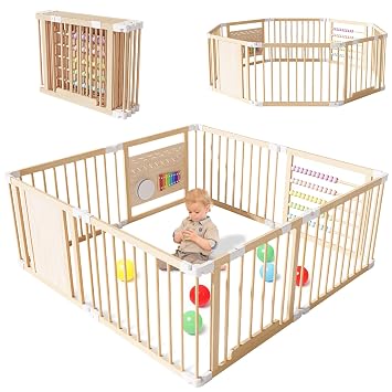 NAIZEA Wooden Playpen, Extra Large for Toddlers and Babies, Foldable Baby Playpen, Baby Fence Play Area with Gate, Kid Play Yard, Adjustable Size & Shape,56x56x24