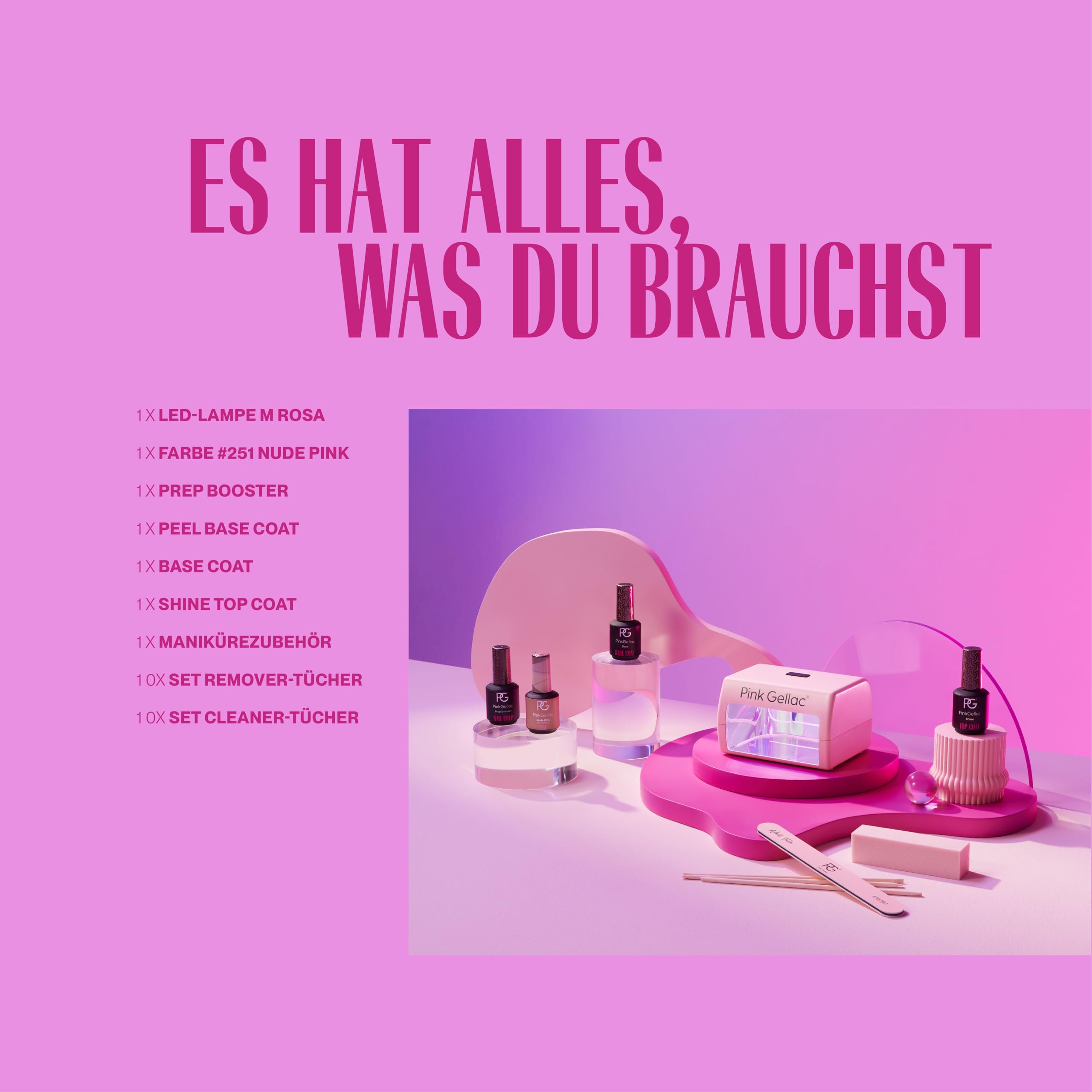 Pink Gellac Gel Nägel Set - UV Gelnägel Starterset mit Peel Off Base Coat, Mini UV Lampe, 1x Rosa Farbe 15 ml, Top Coat Gel, Entferner & Cleaner - Nägel Selber Machen in Salonqualität