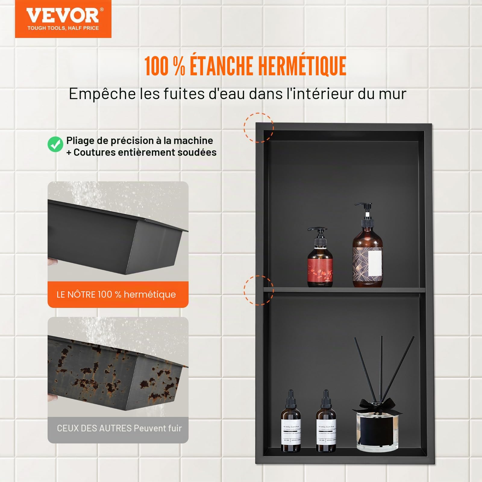 VEVOR Niche Encastrable Salle de Bain 33,02x63,5 cm Niche Douche Murale Double Étagère Acier Inoxydable 304 Scellée Étanche Facile à Nettoyer Moderne pour Stockage de Savon Douche Salle de Bains, Noir