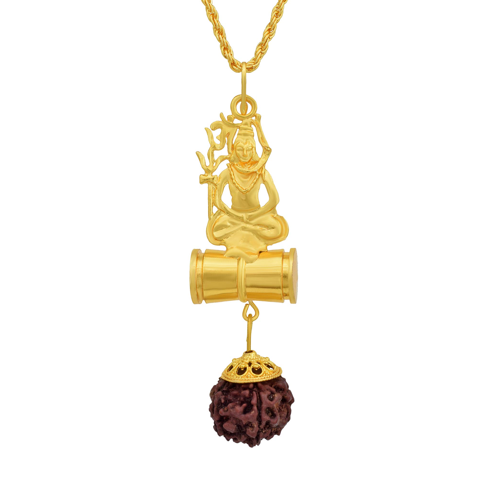 Memoir Gold plated, Shiva Damru, and Original Panchmukhi Rudraksh chain pendant necklace jewellery for Women and Men