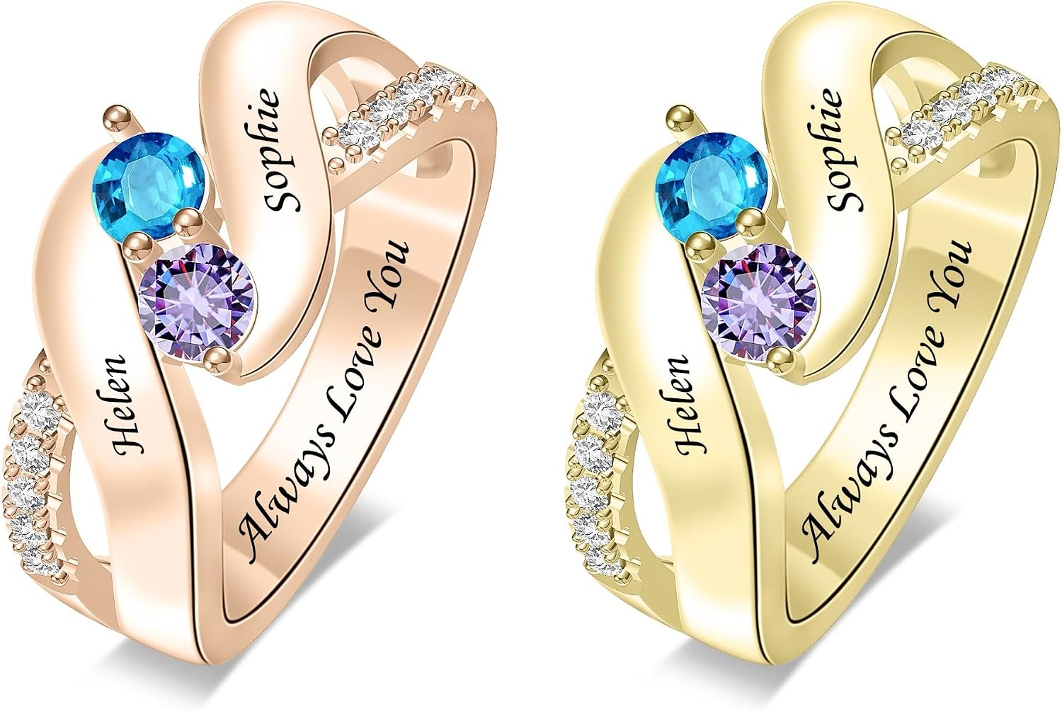 Personalized Mom Birthstone Ring with 2 Names Custom Heart Ring for Women, Promise Ring for Her - Gift for Wife, Mom, Grandma on Birthday, Christmas, Mother’s Day, Anniversary
