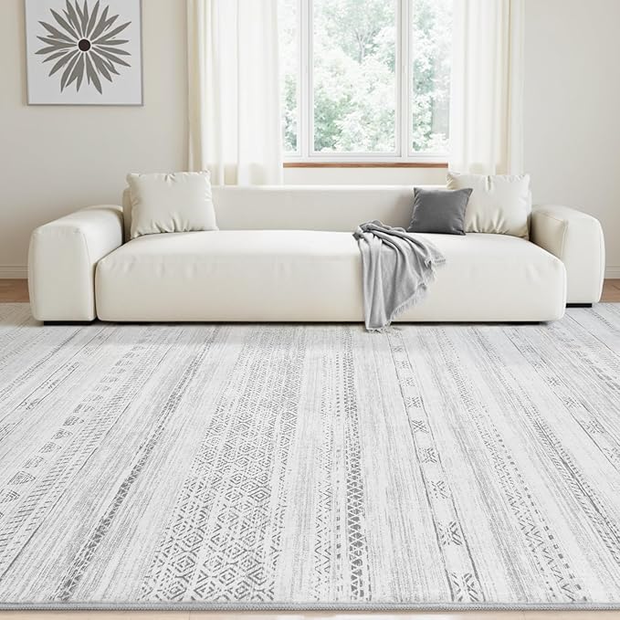 Alfombra 5x7 Lavable Boho Geométrica Gris para Sala de Estar miniatura 3