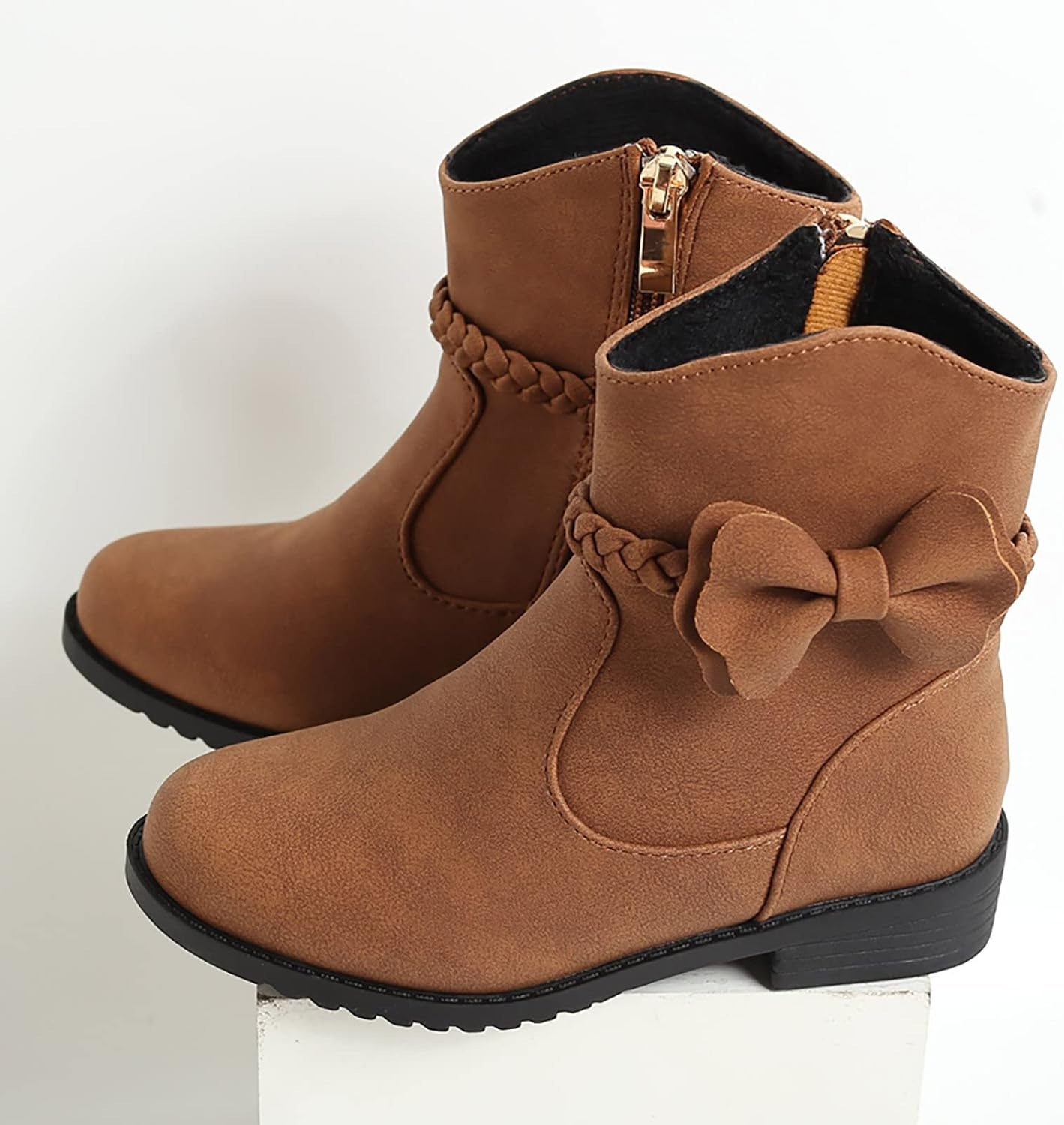 Girls Ankle Boots Spring Fall Bow Knot Side Zipper Non-Slip Low Heel 𝗖ombat Boots Cozy PU Leather Booties