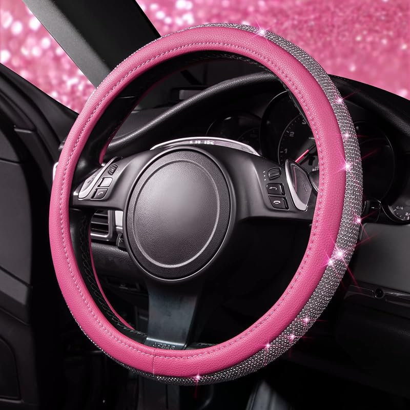 Capa para volante CAR PASS com strass e couro sintético PU, Pink Diamond Small, para volantes de 34,3–35,6 cm, 1 unidade