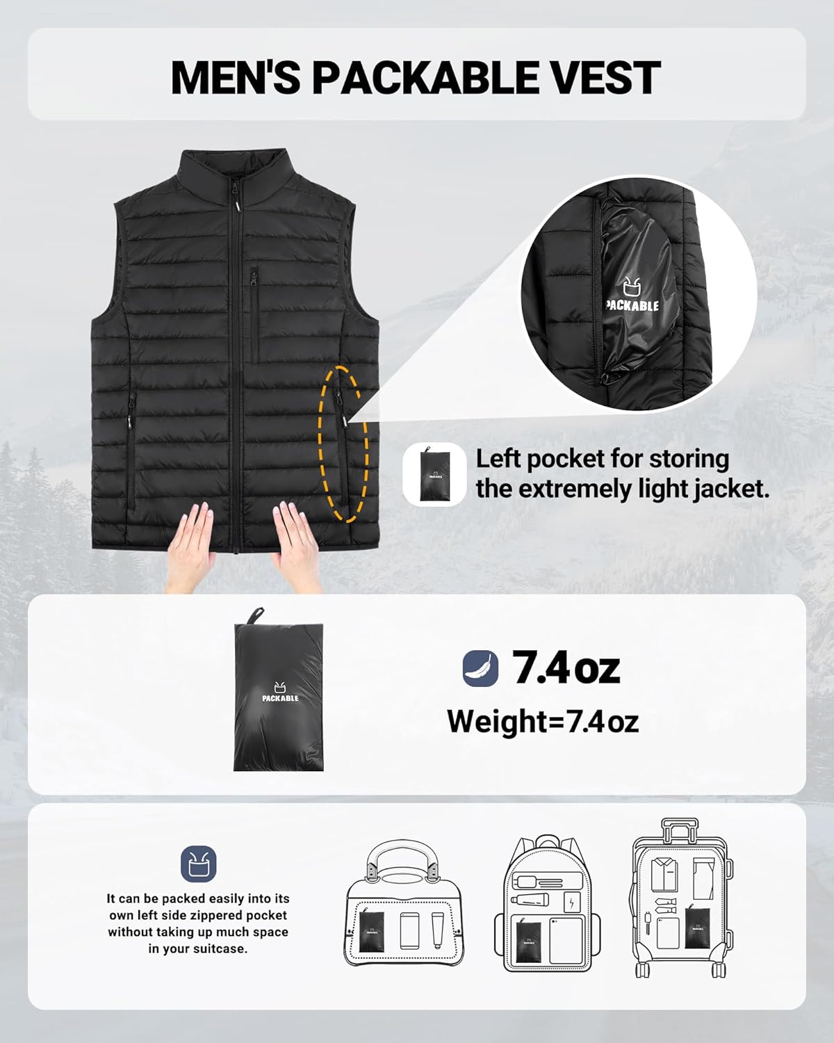Outdoor Ventures Men's Lightweight Puffer Vest Outerwear Warm Quilted Sleeveless Packable Winter Jacket for Hiking Running