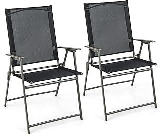 Giantex Patio Folding Chairs, Outdoor Lawn Chairs with Rustproof Metal Frame, Portable Dining Chairs for Porch, Deck, Garden, Backyard, Camping (1 Count (Pack of 2), Black)