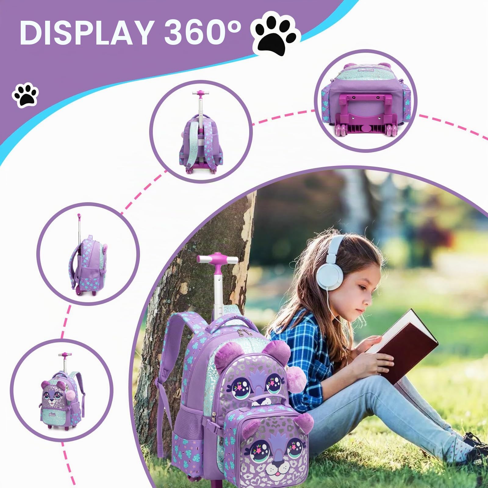 Zaino con Rotelle Bambina Trolley Animale Zainetto Asilo Scuola Elementare Primaria 17” 3PCS Borsa Pranzo Portamatite Media Carrello Ruote Valigia Ragazza per Rullo Valigia da Viaggio Viola