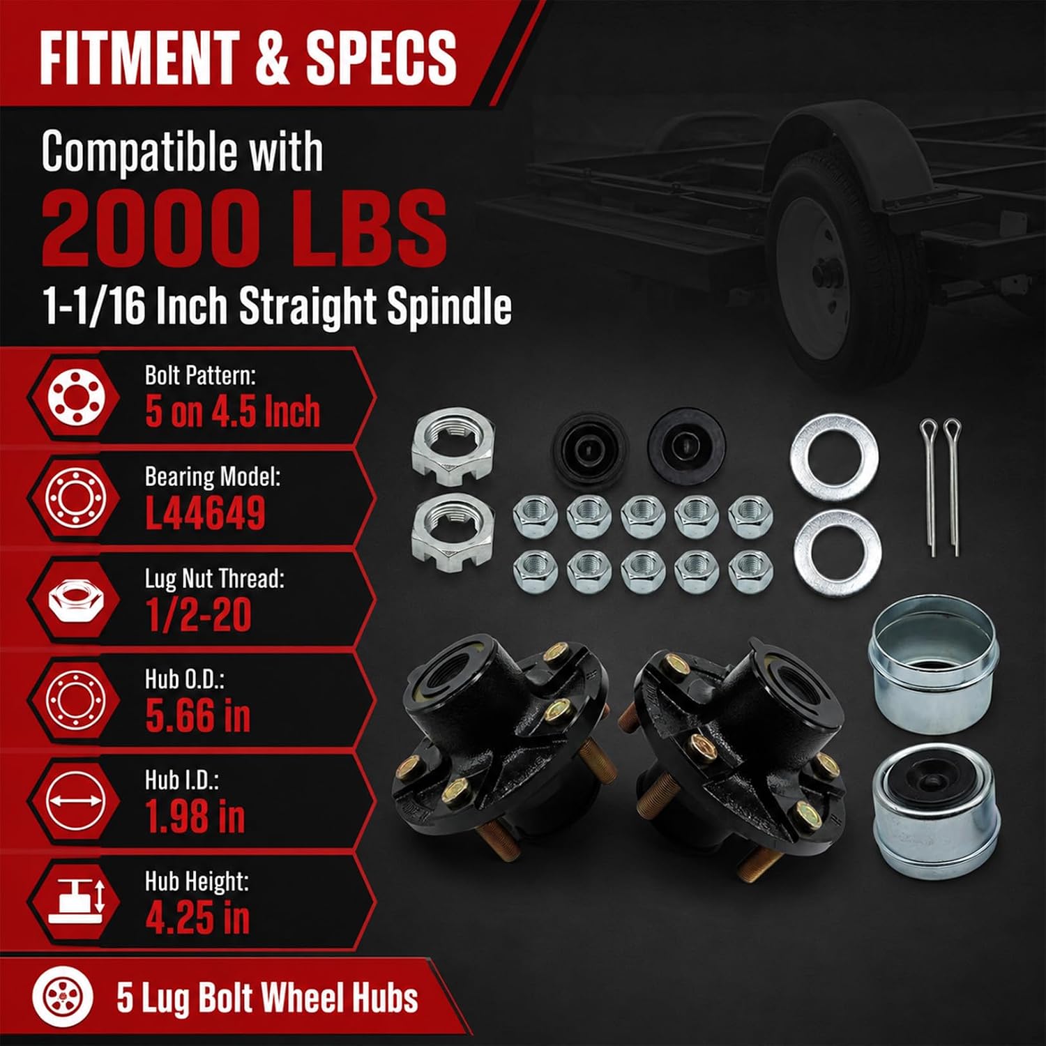 Nakkaa 2 Sets Trailer Hub Kit 5 on 4.5 in Compatible with 2000 LBS 1-1/16 in Straight Spindle Pre-Installed Prelubricated L44649 Bearings 5 x 4.5 Trailer Idler Hub Kit 5 Lug Bolt Wheel Hubs
