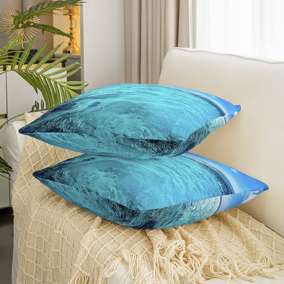 Set di 2 federe decorative per cuscini Ocean, morbide, quadrate, costiere, per divano, camera da letto, soggiorno, motivo: spiaggia hawaiana, vita marina, mare, blu marino, 45,7 x 45,7 cm