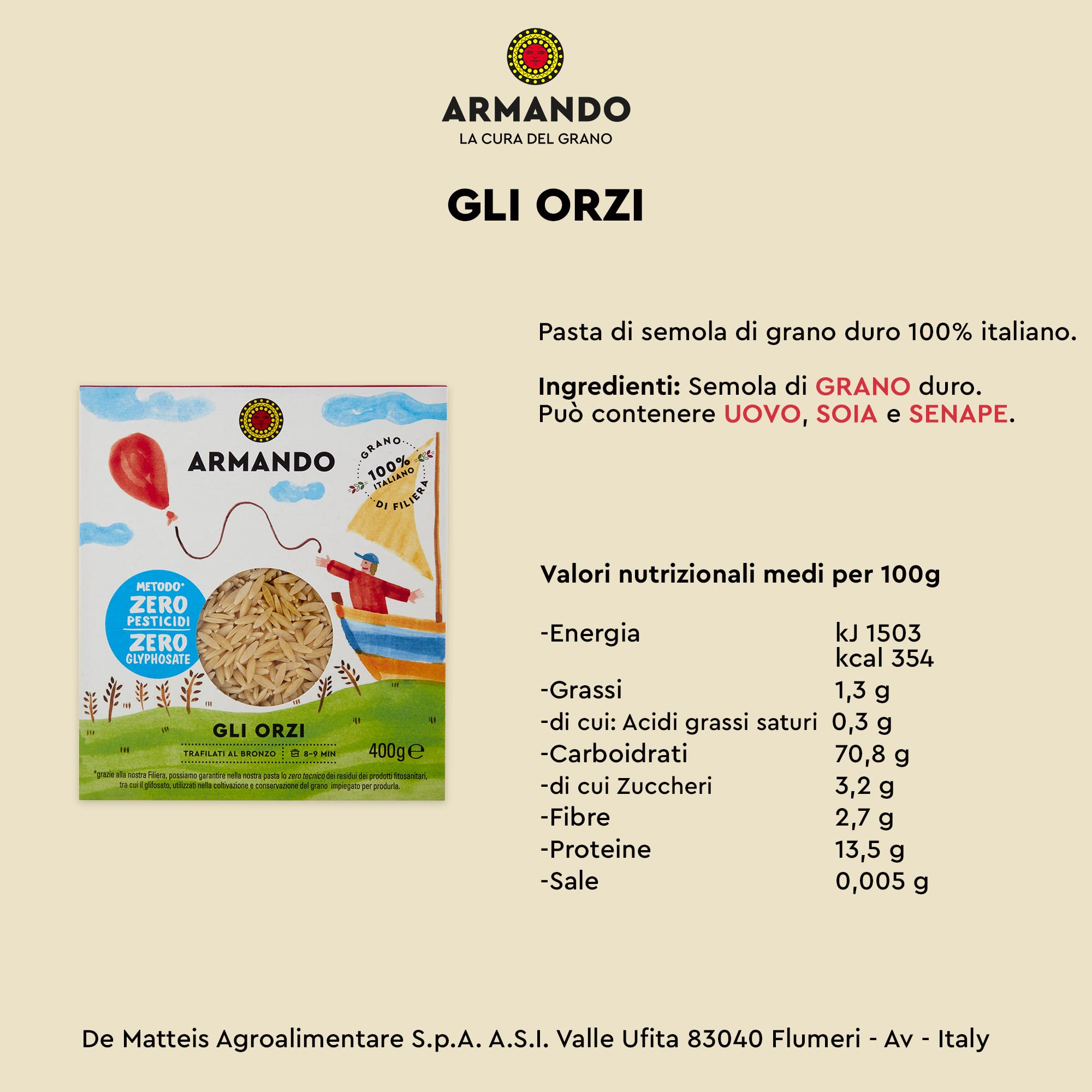 ARMANDO Gli Orzi, Pastina di Semola di Grano Duro di Filiera 100% Italiano - 20 confezioni da 400 gr